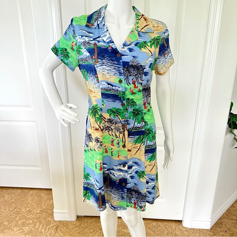 Hilo Hattie Hawaiian Vacation Print Button Down Short Sleeve Vintage Dress (S)